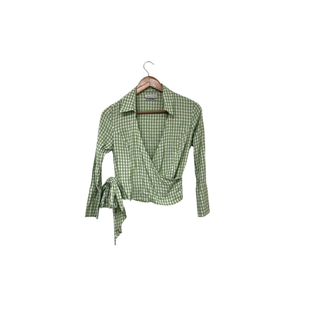 Urban Outfitters Womens Preppy Crop Green Gingham Wrap Blouse XS
